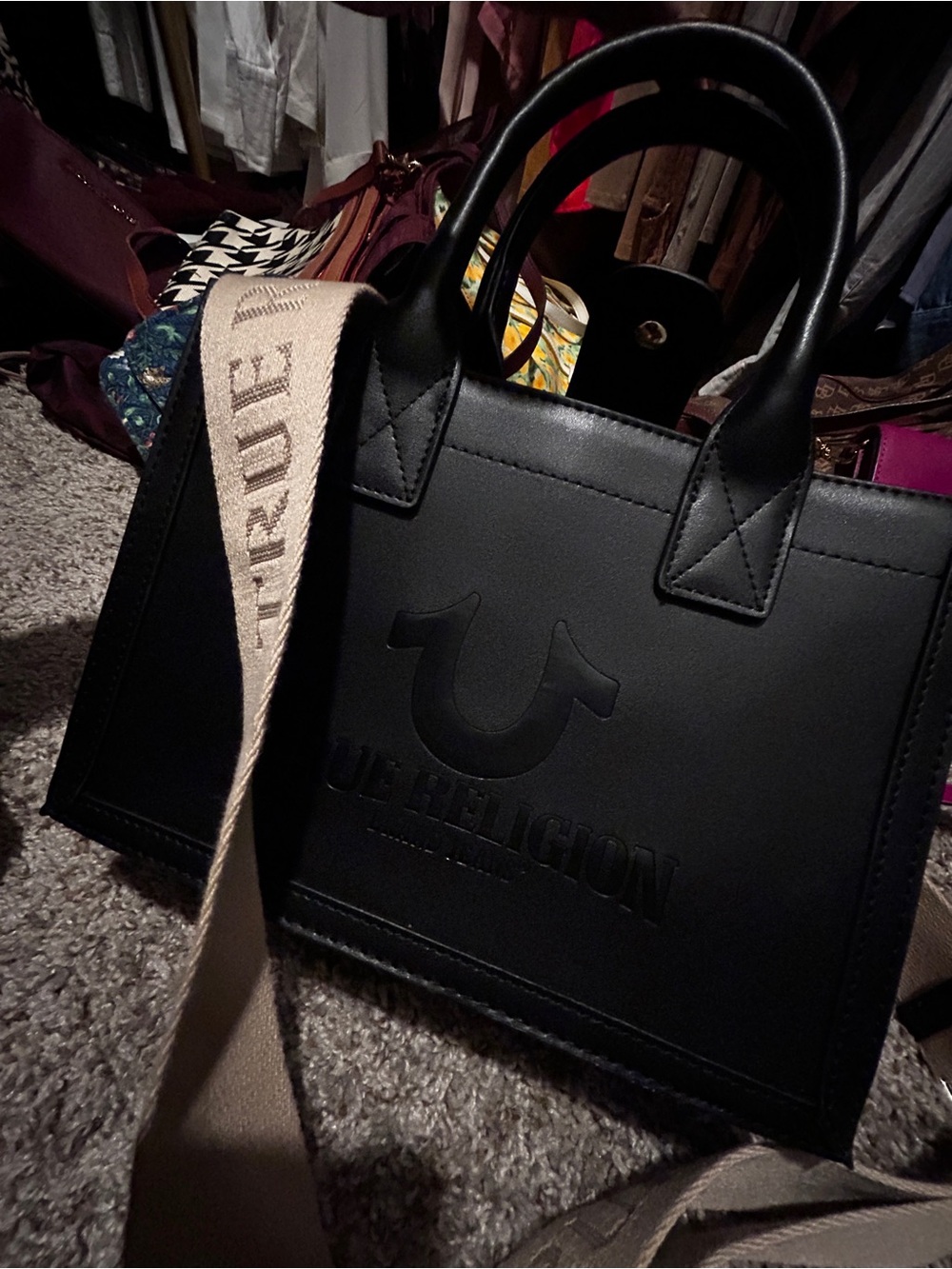 True Religion Black Leather Tote with Beige Branded Strap